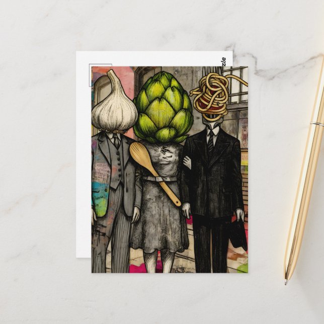 A garlic, an artichoke, and a spaghetti fork funny postcard (Front/Back In Situ)