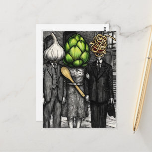 A garlic, an artichoke, and a spaghetti fork funny postcard