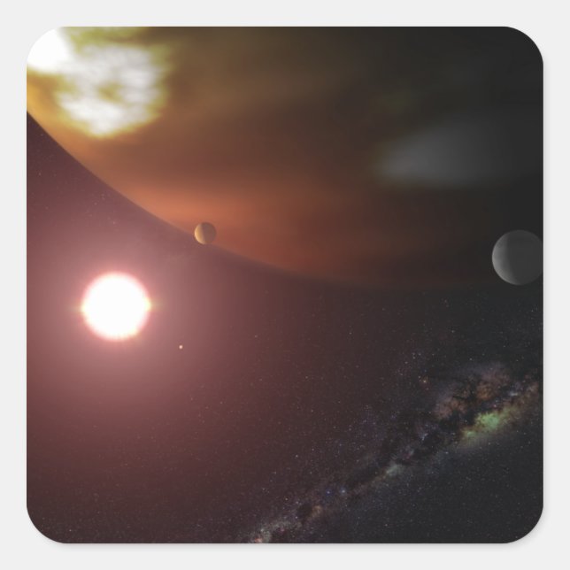 A gas giant planet orbiting a red dwarf star square sticker (Front)