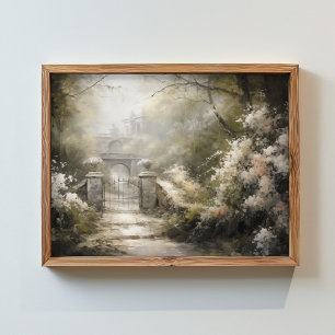 a gate in a forest along with flowers poster