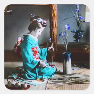 A Geisha Arranging Iris Flowers Vintage Old Japan Square Sticker