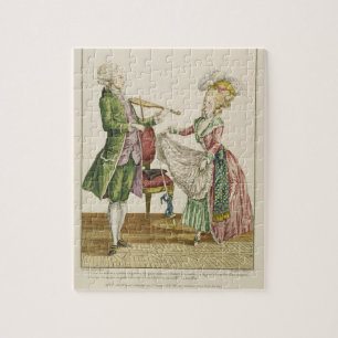 A gentleman playing the violin while a lady dances jigsaw puzzle