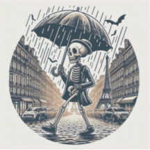 A gentleman skeleton in rainy Paris