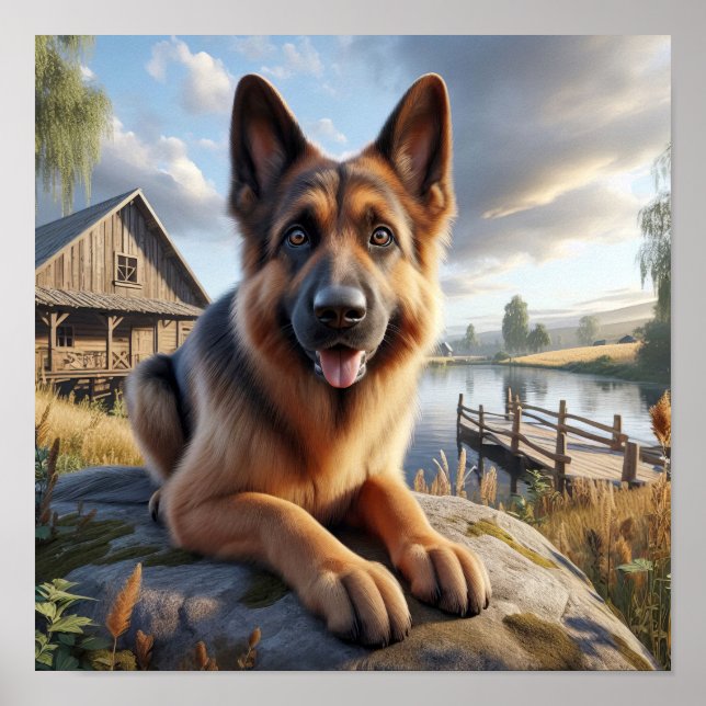 A German Shepherd in a Rustic Countryside Setting Poster (Front)