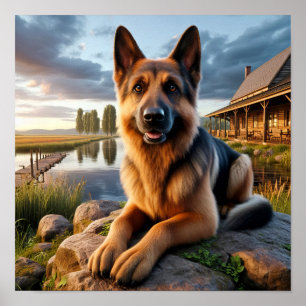 A German Shepherd in a Rustic Countryside Setting Poster