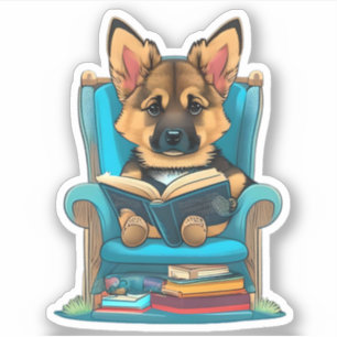 A German Shepherd puppy reading a book