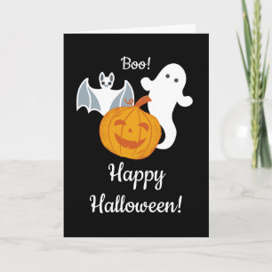A Ghost, A Bat, and A Friendly Pumpkin Halloween Card