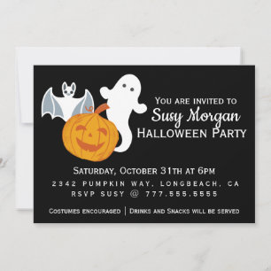 A Ghost, A Bat, and A Friendly Pumpkin Party Invitation