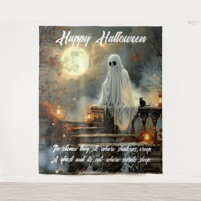 A ghost and its cat Halloween Tapestry (Front)