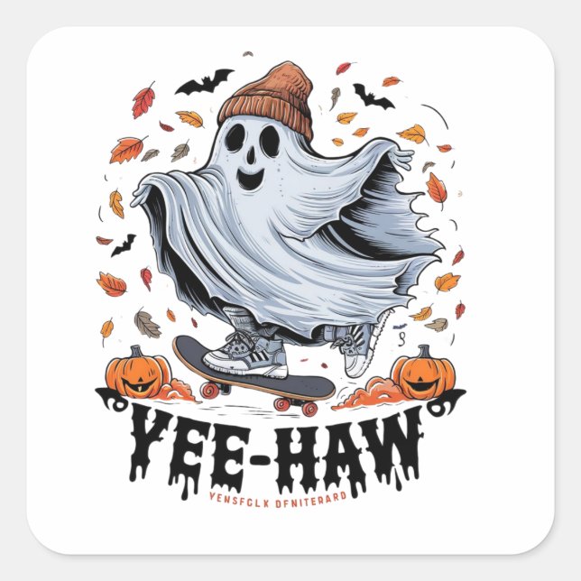 A ghost skateboarding through a flurry of autumn l square sticker (Front)