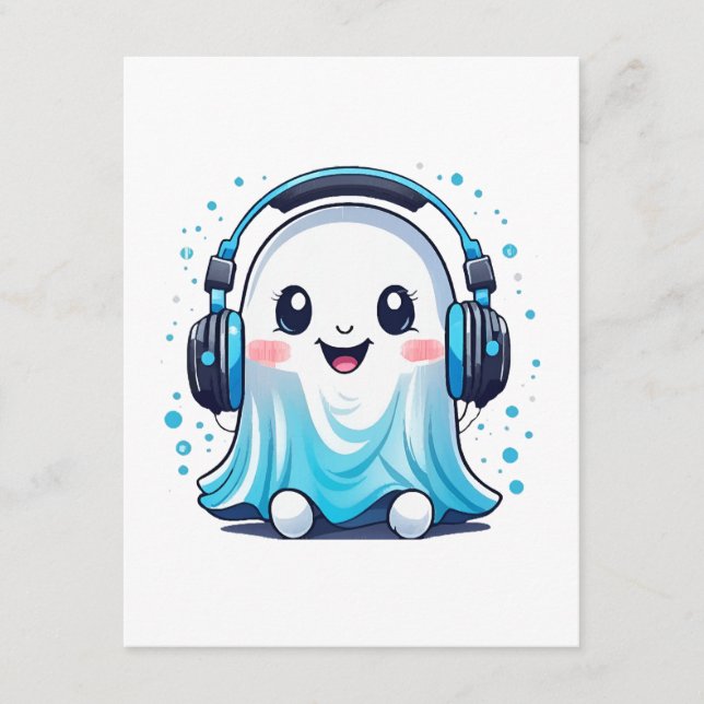 A ghost with headphones on enclosure card (Front)