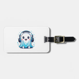 A ghost with headphones on luggage tag