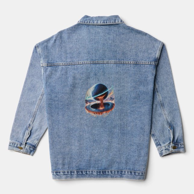 A giant cracked planet with lava flowing into a bl denim jacket (Back)