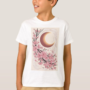 A giant crescent moon with cherry blossoms falling T-Shirt