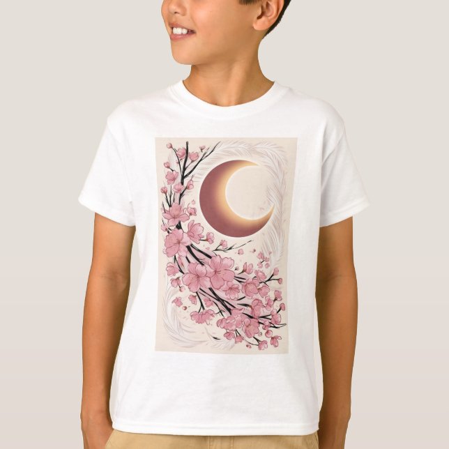 A giant crescent moon with cherry blossoms falling T-Shirt (Front)