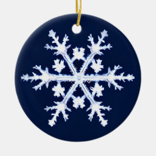 A Giant Ice Crystal Snowflake on Dark Indigo Blue Ceramic Tree Decoration