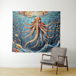 A giant squid in the ocean waves illustration art tapestry