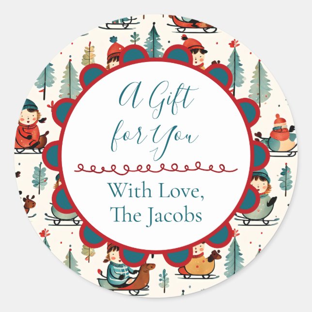 A Gift for You | Sledding Children Christmas Classic Round Sticker (Front)