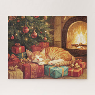 A ginger kitten sleeping by a lit fireplace jigsaw puzzle