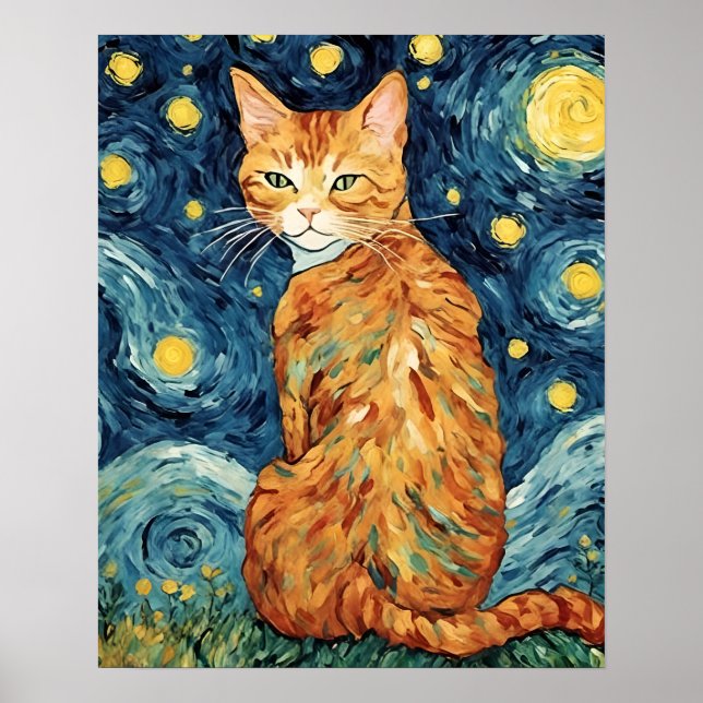 A Ginger Tabby Cat in The Starry Night Poster (Front)