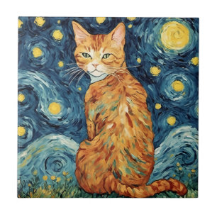 A Ginger Tabby Cat in The Starry Night Tile