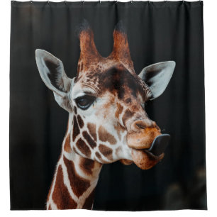 A GIRAFFE AT CALGARY ZOO POKING HIS TONGUE OUT SHOWER CURTAIN