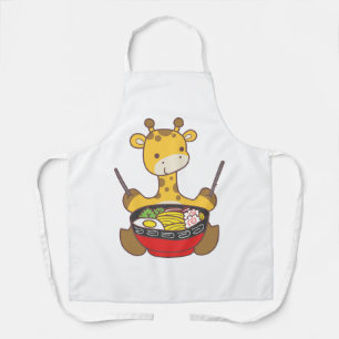 A giraffe want to eating ramen. apron
