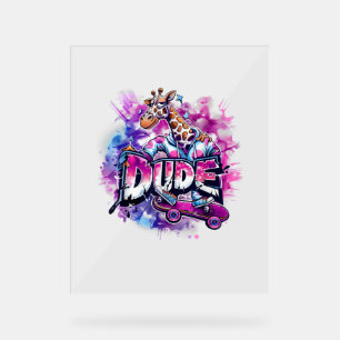 A Giraffe Wearing Pyjamas And Riding A Skateboard Acrylic Sign