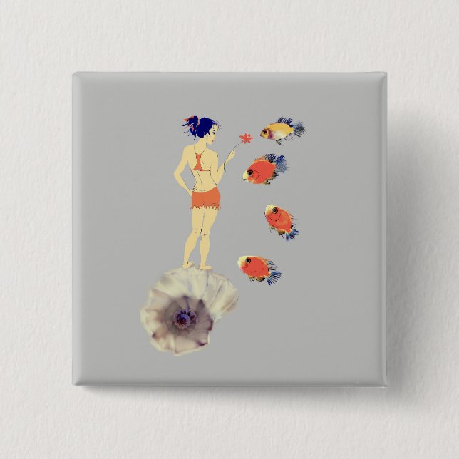 A girl and fish 15 cm square badge (Front)