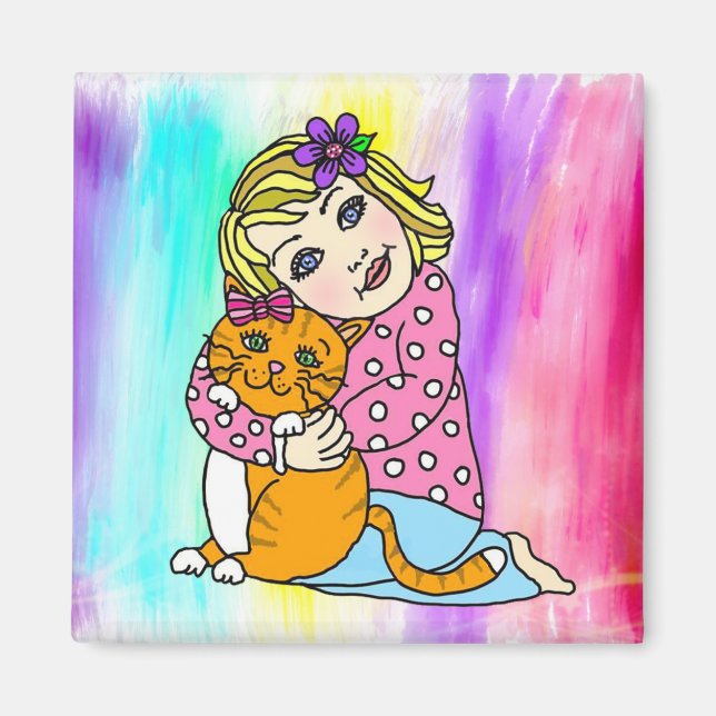 A Girl and her Cat Hugs and Love Colourful Artwork Magnet (Front)