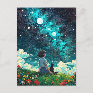a girl and her cat sit together on a flower field postcard