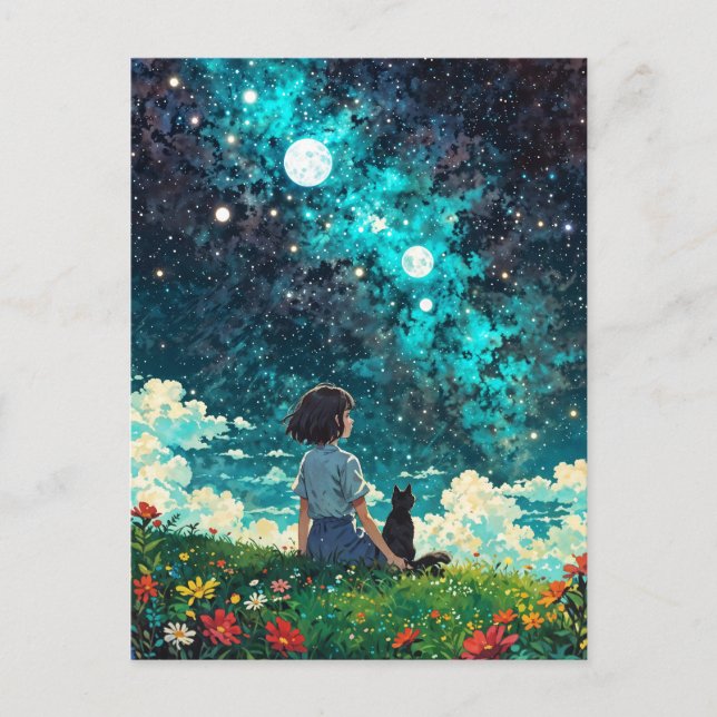 a girl and her cat sit together on a flower field postcard (Front)