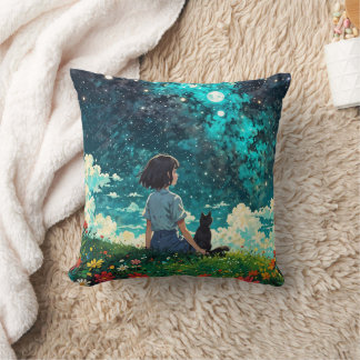 A girl and her cat sit together on flowers field cushion