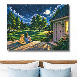A Girl and Her Dog Beneath the Moon Canvas Print