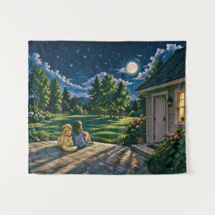 A Girl and Her Dog Beneath the Moon Tapestry