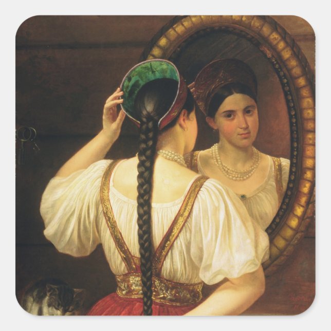 A girl at the mirror, 1848 square sticker (Front)