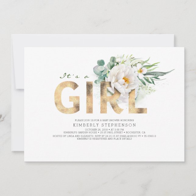 A Girl Floral Gold Typography Baby Shower Invitation (Front)