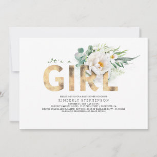 A Girl Floral Gold Typography Baby Shower Invitation