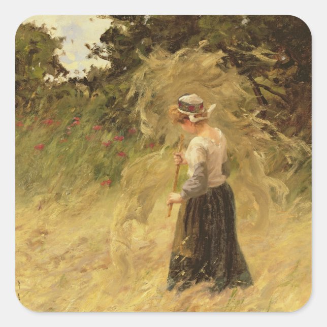 A Girl Harvesting Hay, 19th century Square Sticker (Front)