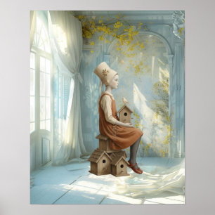A Girl & Her Birdhouses   Surreal Storybook Poster