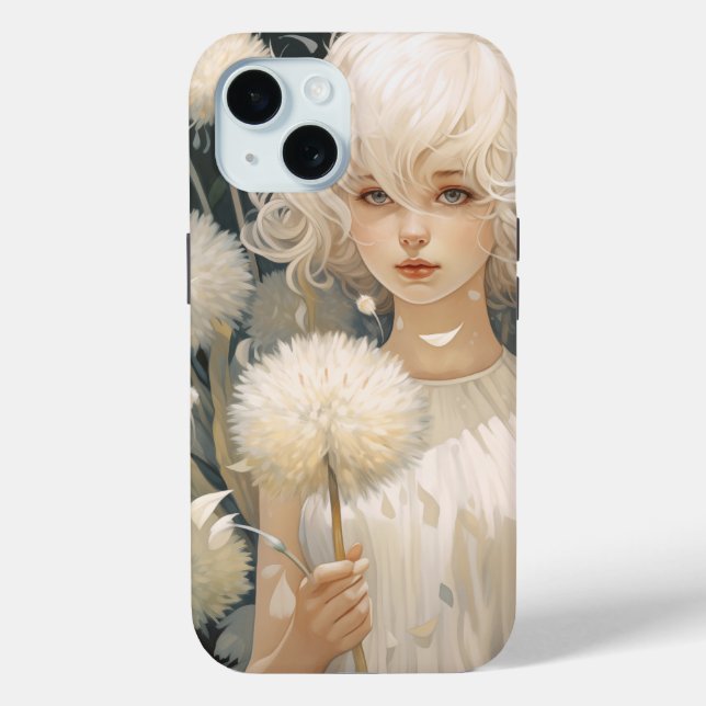 A Girl Holding A Dandelion iPhone 15 Case (Back)