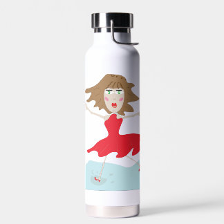 a girl in a red dress bottle happy jumpy
