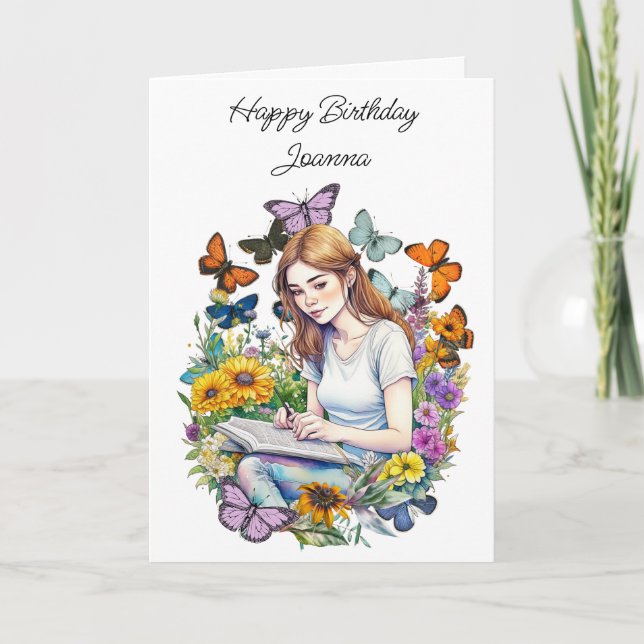 A Girl, Journal, Butterflies Personalised Birthday Card (Front)