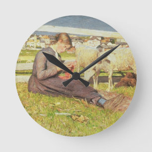 A Girl Knitting, 1888 (oil on canvas) Round Clock