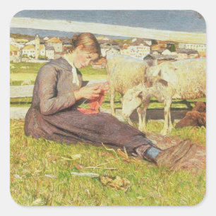 A Girl Knitting, 1888 (oil on canvas) Square Sticker
