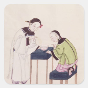 A Girl Looking for Luck into a Bowl of Water Square Sticker