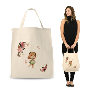 A Girl Play with Butterfly Tote Bag Design