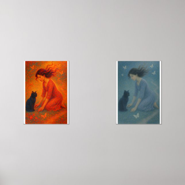 A girl sits by her cat in a garden (Front)