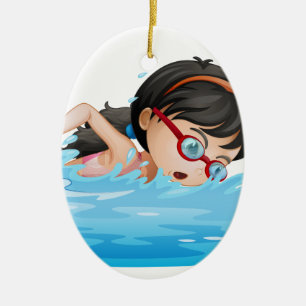 A girl swimming with goggles ceramic tree decoration