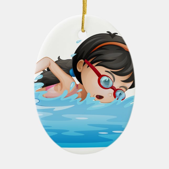 A girl swimming with goggles ceramic tree decoration (Front)